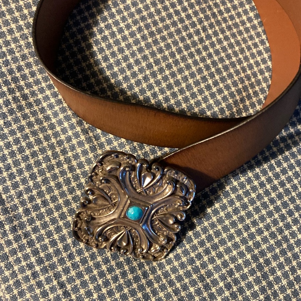 Brown Leather Belt with Silver/Turquoise Buckle